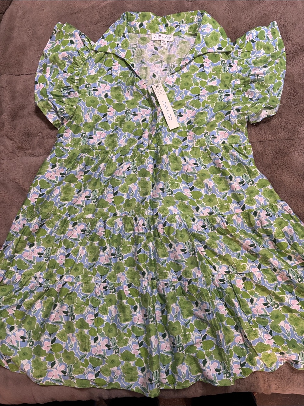 She + Sky Green Floral Tiered Mini Dress with Pink & Blue Accents